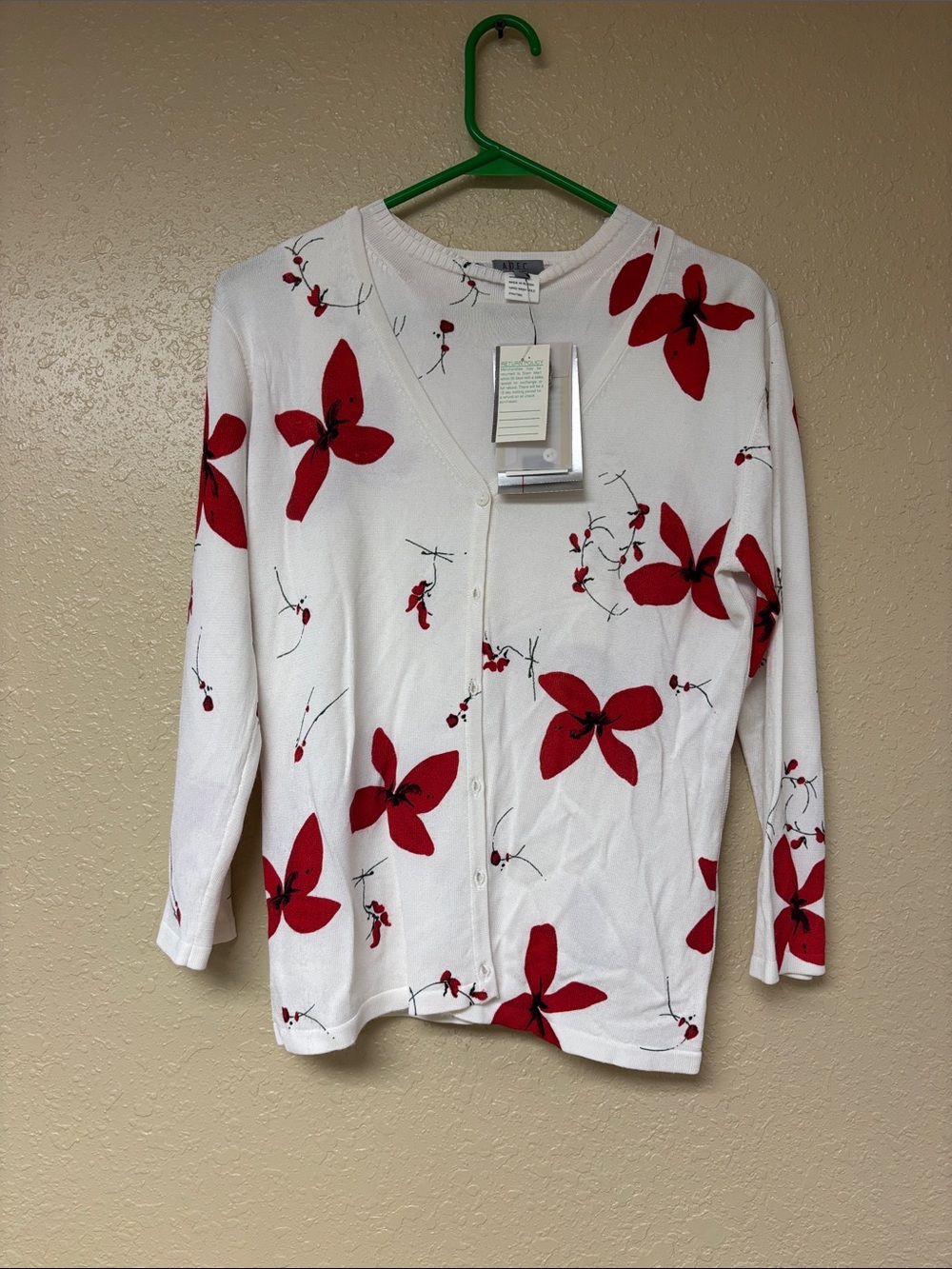 Philippe Adec White Cardigan with Red Floral Print